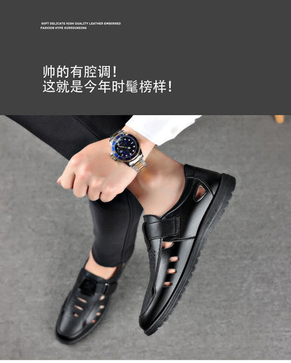 Leather cowhide special clearance shoes hollow leather sandals men's casual hole shoes middle-aged business dad shoes