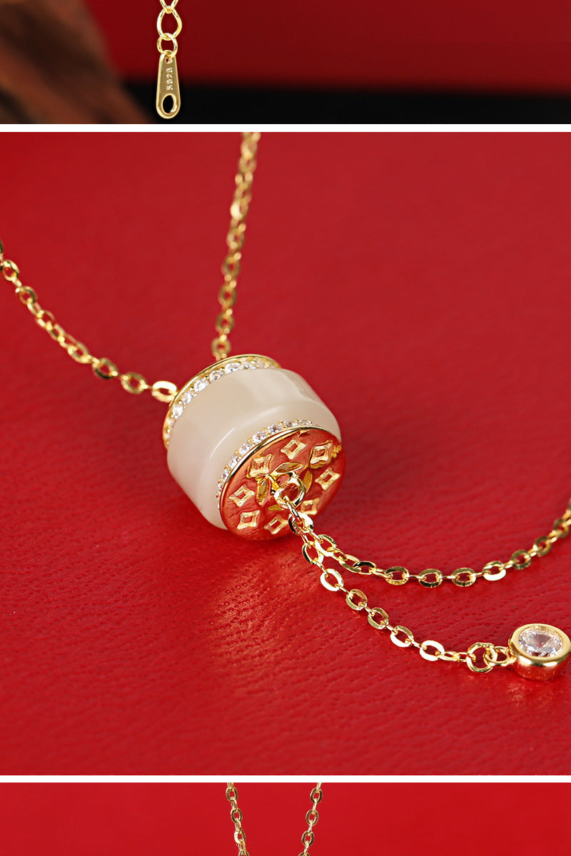 Source Factory S925 Sterling Silver Necklace Hetian Jade Passepartout Small Waist Tassel Pendant Summer Light Luxury Niche Accessories