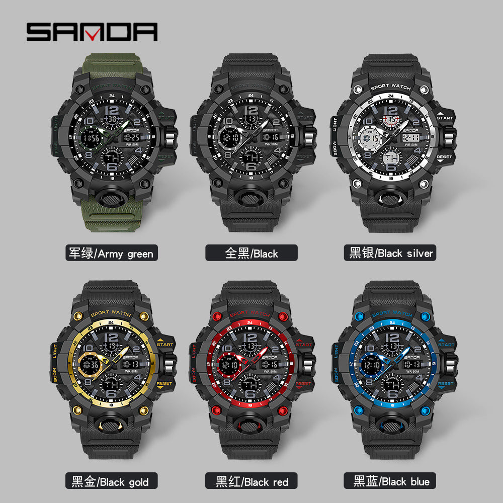 Sanda Hot-Selling Watch Korean Version Student Party Multi-Functional Waterproof Alarm Clock Electronic Watch Cool Dual Display Luminous Sports Watch by PDG ibma