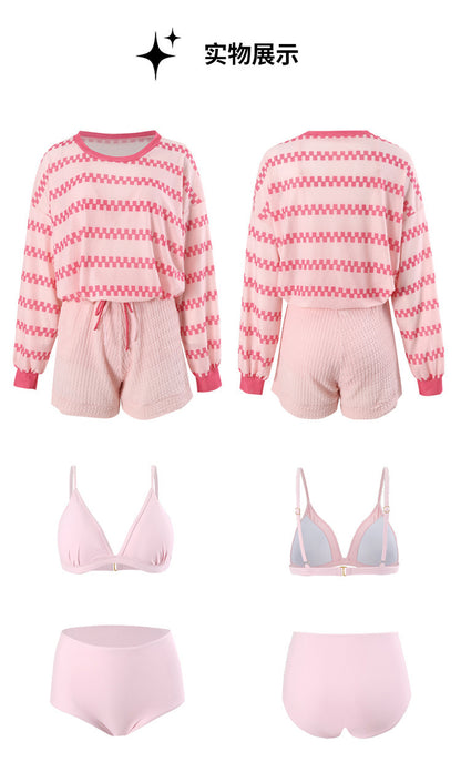 2024 new swimsuit women's split four-piece suit belly covering slimming gathered small chest South Korea ins style Hot Spring