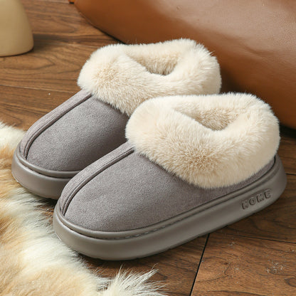 2025 Cross-Border New Pure Color Suede Splicing Home Slippers Thick-Soled Non-Slip Plush Warm Couple Cotton Shoes for Women