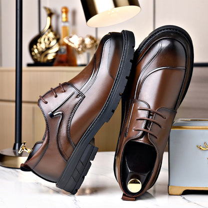 Men's Casual Leather Shoes Popular Lace-Up Round Toe Thick Sole Big Head Brown Fashion British Versatile Business Formal Men's Shoes