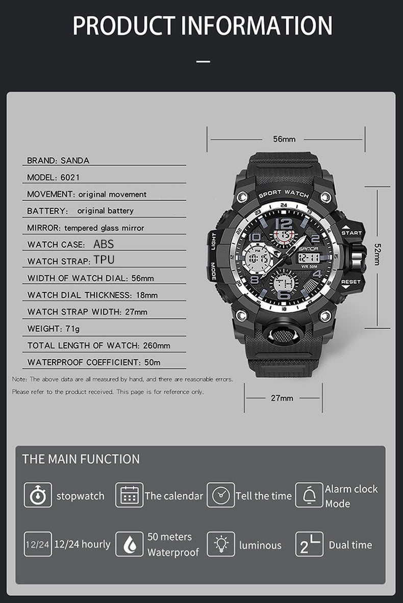 Sanda Hot-Selling Watch Korean Version Student Party Multi-Functional Waterproof Alarm Clock Electronic Watch Cool Dual Display Luminous Sports Watch by PDG ibma