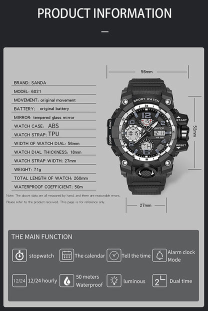 Sanda Hot-Selling Watch Korean Version Student Party Multi-Functional Waterproof Alarm Clock Electronic Watch Cool Dual Display Luminous Sports Watch by PDG ibma
