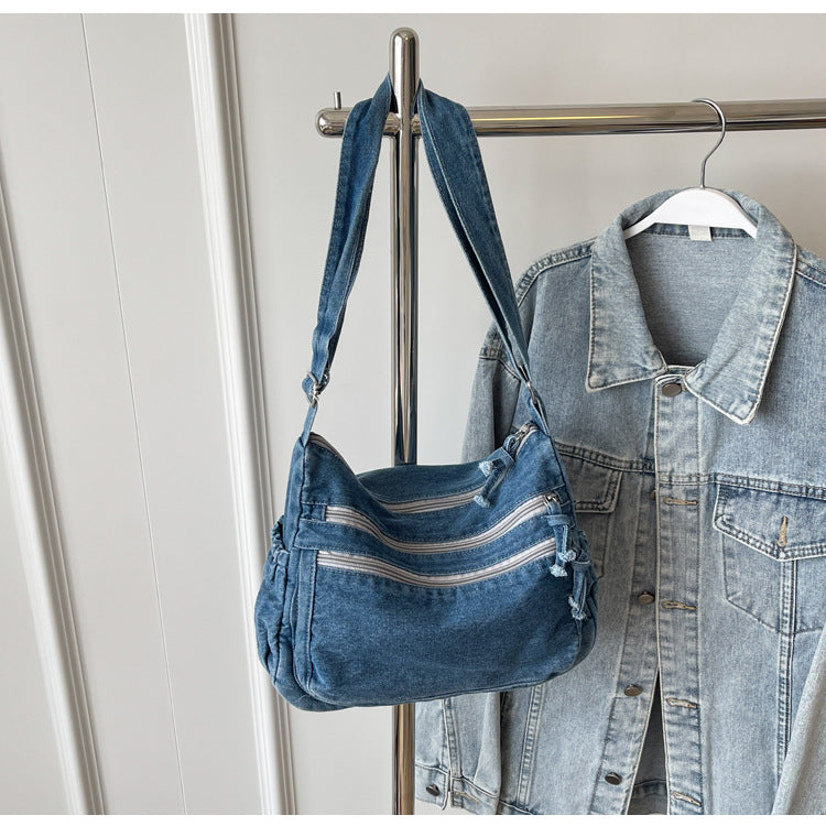 Casual Denim Shoulder Bag Japanese Harajuku Style Canvas Bag for Women 2026 New Large Capacity Simple Crossbody Bag