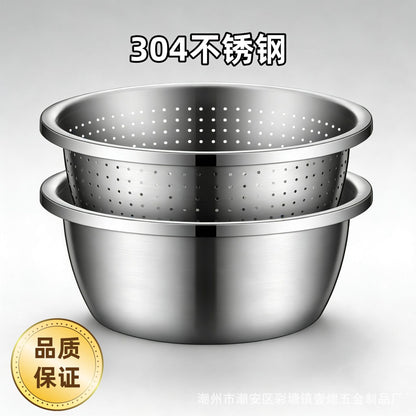 304 Stainless Steel Basin Drain Basket Vegetable Basket Household Rice Washing Sieve Thickeneded Cooking Basin and Basin Vegetable Basin Wholesale