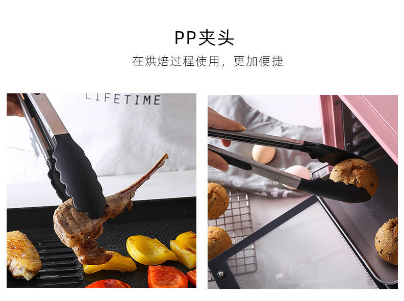 Cross-Border Black Silicone Clips, High Temperature Resistant Kitchen Food Frying Stainless Steel Fried Steak Clips, Special Food Clips for Cooking