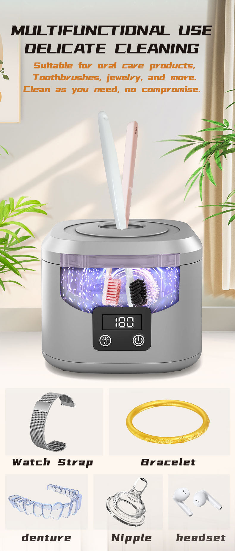 Cross-Border Amazon Ultrasonic Denture Cleaning Machine Uv Ultraviolet Ultrasonic Cleaning Machine Household Jewelry Braces