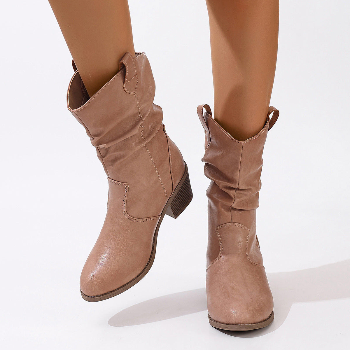 Boots Pleated One-Foot High Heel Mid-Helper Western Cowboy Women's Boots Mid-Helper Boots Fashion Women's Boots