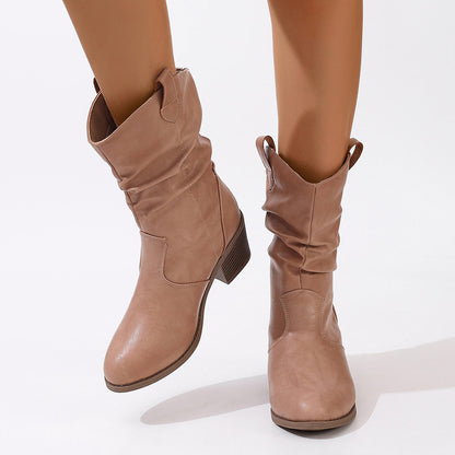 Boots Pleated One-Foot High Heel Mid-Helper Western Cowboy Women's Boots Mid-Helper Boots Fashion Women's Boots