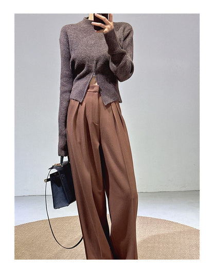 Spring and Autumn New Style Old Money Style Brown Coffee Color Suit Pants for Women, Wide-Leg Pants with Drape Effect, Slimming, Extended Length for Tall Individuals, Straight-Leg Pants
