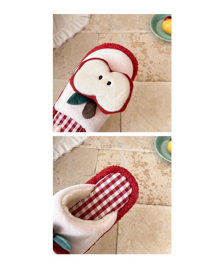Apple Cute Closed-Toe Plush Cotton Slippers for Women, Winter 2026 New Model, Indoor Home Warm Non-Slip Odor-Resistant