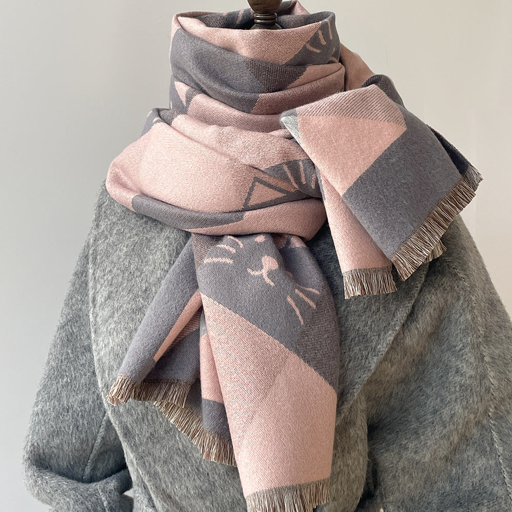 Niche Designer Cartoon Cat Cute Cashmere Scarf Women's Autumn and Winter Warm Thickened Neck Shawl New