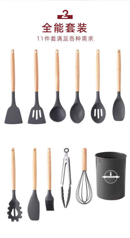 Wholesale Wooden Handle Silicone Kitchenware 12 Pieces suit Household Non-Stick Cooking High Temperature Resistant Cooking Silicone Spoon suit
