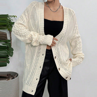 Cross-Border European and American Clothing Pure Color V Neck Long Sweater Dress Autumn and Winter Fashion Elegant Cable Bottoming Knitted Dress