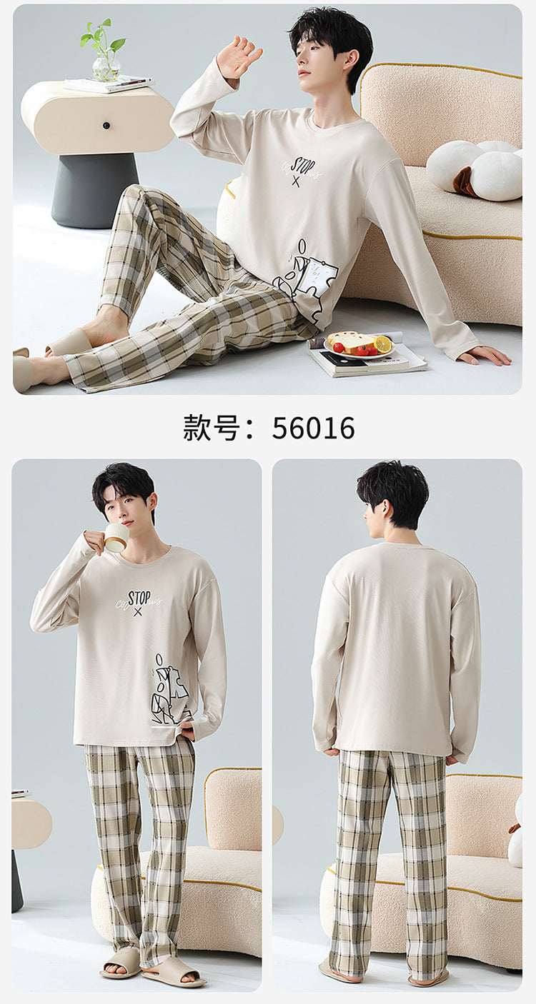 Plus Size 5XL 100% Cotton Men's Long-Sleeved Pajamas Spring & Fall Long-Sleeved 105kg Can Be Worn Outside Home Clothes Set