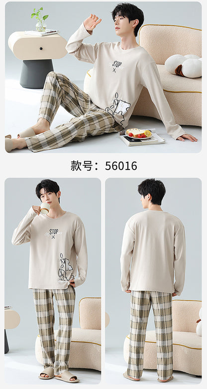 Plus Size 5XL 100% Cotton Men's Long-Sleeved Pajamas Spring & Fall Long-Sleeved 105kg Can Be Worn Outside Home Clothes Set