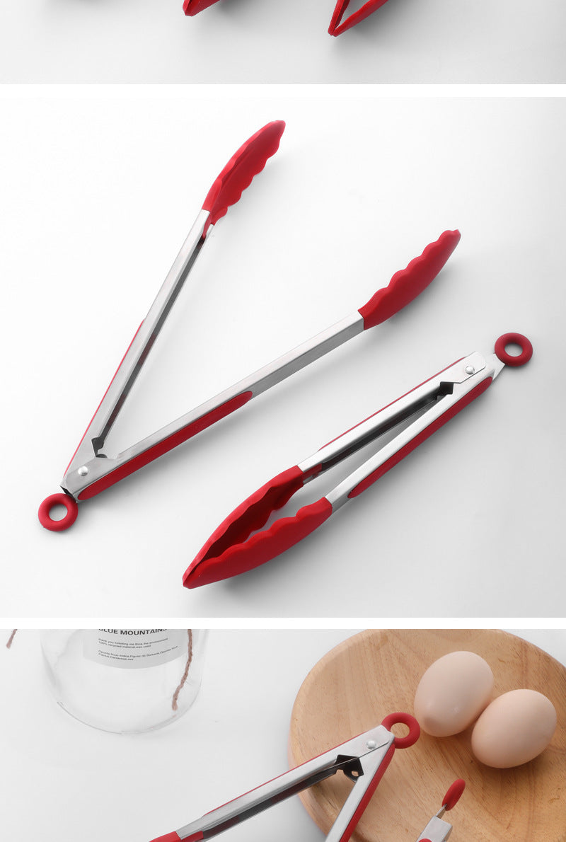 Cross-Border Black Silicone Clip High Temperature Resistant Kitchen Food Frying Stainless Steel Bread Clip Steak Clip Kitchen Food Clip