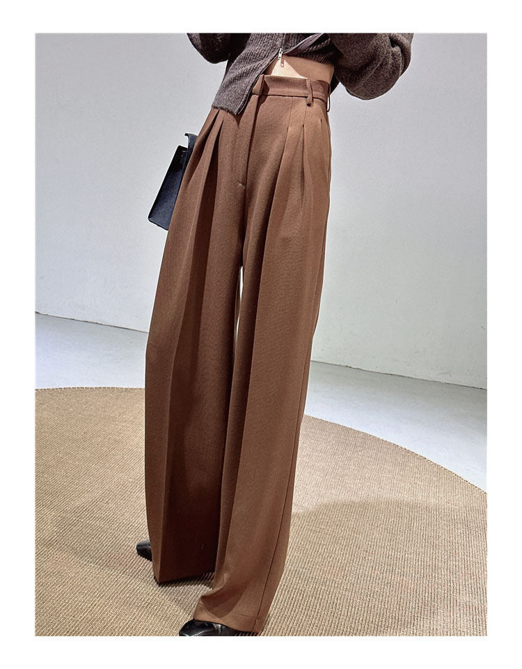 Spring and Autumn New Style Old Money Style Brown Coffee Color Suit Pants for Women, Wide-Leg Pants with Drape Effect, Slimming, Extended Length for Tall Individuals, Straight-Leg Pants