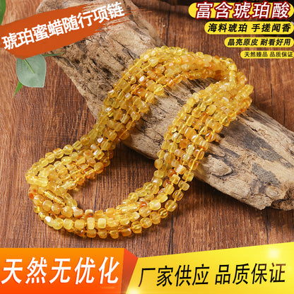 Natural, Unenhanced Baltic High-End Amber Beeswax Cube Necklace, Multi-Strand Bracelet, Gold-Wrapped Amber, Freeform