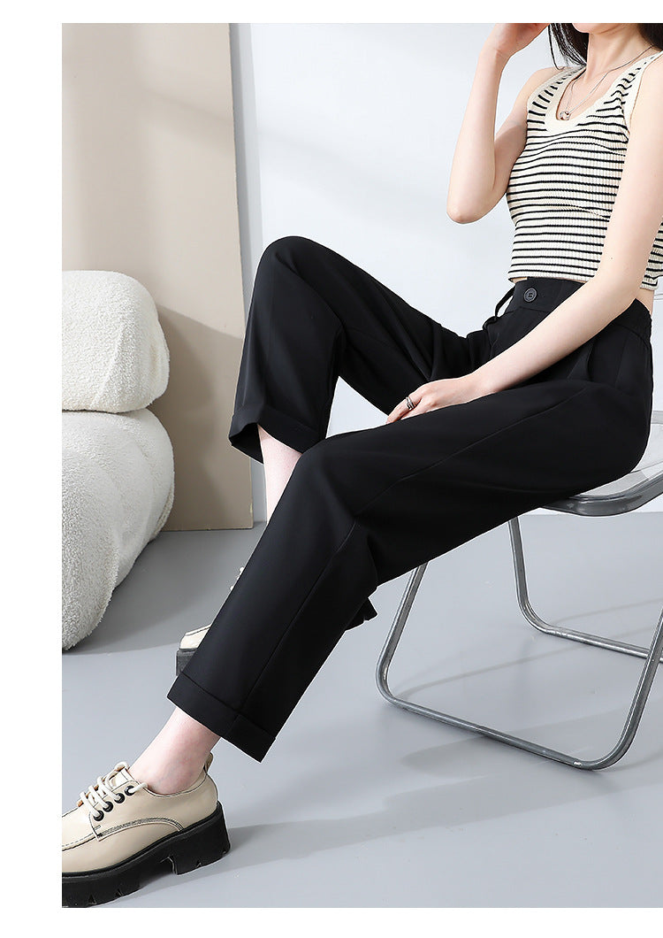 New Style Ice Silk Suit Pants for Petite Women, Cropped Straight-Leg Pants, Summer Thin Cigarette Pants, Free Shipping