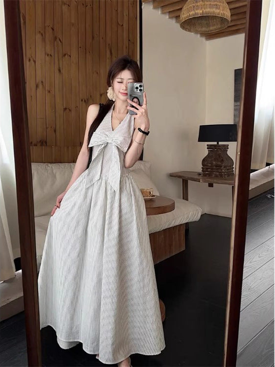 Gentle Style Stripesd Bow Halter V-Neck Dress for Women Summer Seaside Vacation A-Line Skirt French Style Long Skirt