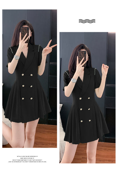 French Hepburn Style Small Black Dress High Sense High Cold Royal Sister Fried Street Small Fragrance Style Pleated Professional Suit dress Summer