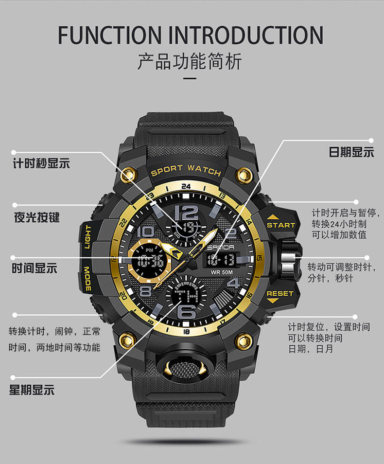 Sanda Hot-Selling Watch Korean Version Student Party Multi-Functional Waterproof Alarm Clock Electronic Watch Cool Dual Display Luminous Sports Watch by PDG ibma