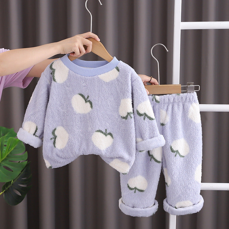 Free Shipping Yukids Kidsren's Autumn and Winter Home Clothes Set for Men and Women Baby Flannel Fruit Warm Two-Piece Set
