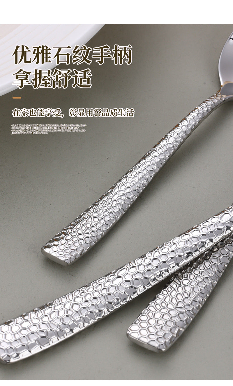 Cross-border 304 Stainless Steel Knife, Fork and Spoon Tableware Hotel Western Food Square Handle Thickened Water Cube Hammer Steak Knife, Fork and Spoon