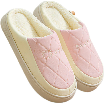 Winter Cotton Slippers for Women, Non-Slip, Warm and Velvet, Couple Style Indoor Cartoon Furry Shoes, Half-Pack Heel Home Shoes for Men