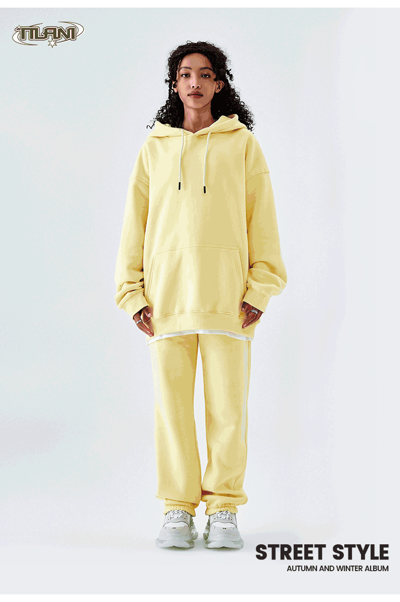 Tilani Men's Clothing European and American Trendy Brand High Quality 350g Fleece-Lined Thick Men's and Women's Hooded Sweatshirt and Sweatpants Pure Color Suit