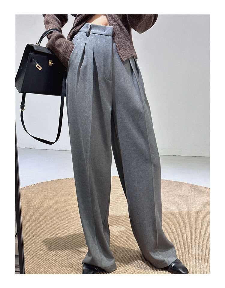 Spring and Autumn New Style Old Money Style Brown Coffee Color Suit Pants for Women, Wide-Leg Pants with Drape Effect, Slimming, Extended Length for Tall Individuals, Straight-Leg Pants