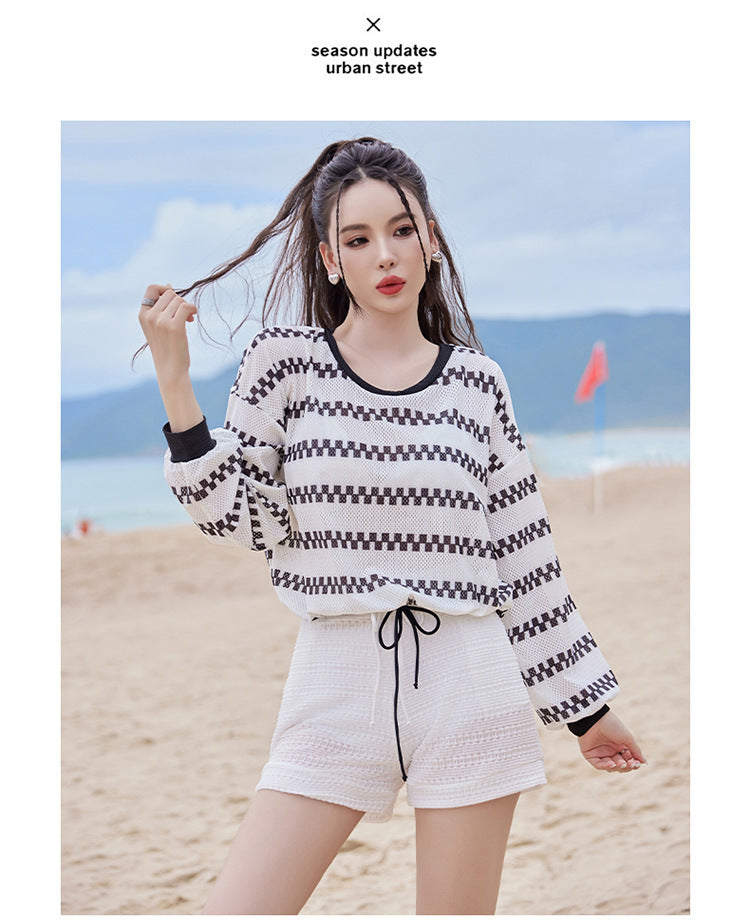 2024 new swimsuit women's split four-piece suit belly covering slimming gathered small chest South Korea ins style Hot Spring