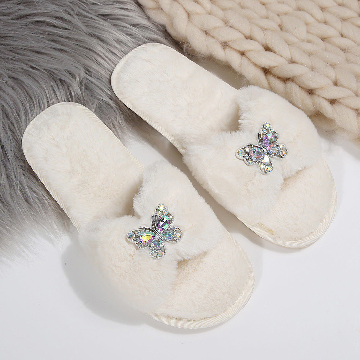 Cross-Border Rhinestone Butterfly Fur Slippers for Women Foreign Trade Large Size New Home Indoor and Outdoor Warm Fashion Cotton Slippers for Women