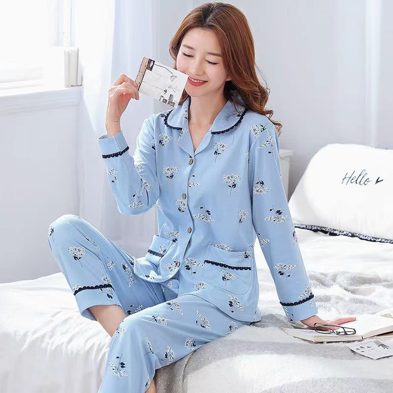 Autumn and Winter Women's 100 Pure Cotton Pajamas Women's Loose Cardigan for Middle-aged and Elderly Mothers Spring and Autumn Long-sleeved Casual Home Clothes