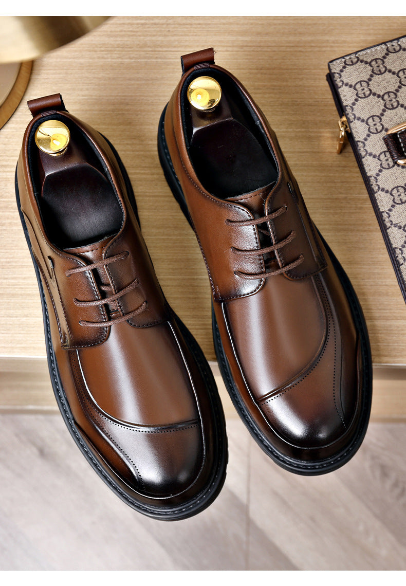 Men's Casual Leather Shoes Popular Lace-Up Round Toe Thick Sole Big Head Brown Fashion British Versatile Business Formal Men's Shoes