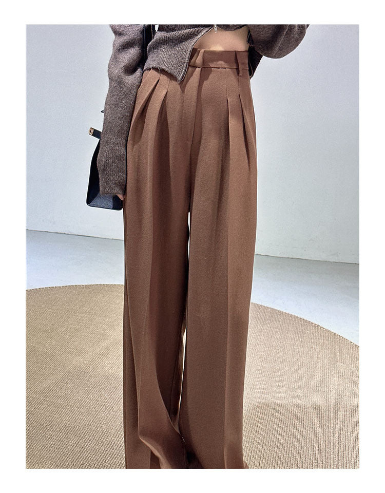 Spring and Autumn New Style Old Money Style Brown Coffee Color Suit Pants for Women, Wide-Leg Pants with Drape Effect, Slimming, Extended Length for Tall Individuals, Straight-Leg Pants
