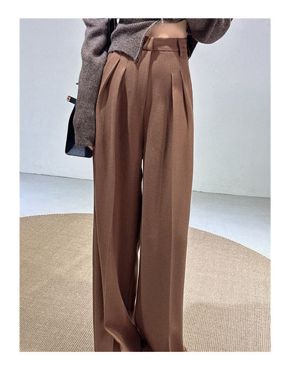 Spring and Autumn New Style Old Money Style Brown Coffee Color Suit Pants for Women, Wide-Leg Pants with Drape Effect, Slimming, Extended Length for Tall Individuals, Straight-Leg Pants