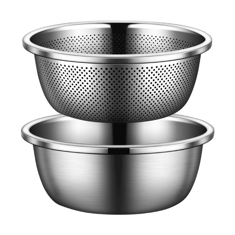 304 Stainless Steel Basin Drain Basket Vegetable Basket Household Rice Washing Sieve Thickeneded Cooking Basin and Basin Vegetable Basin Wholesale