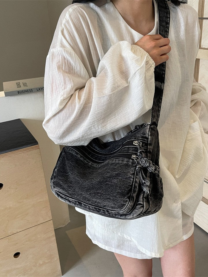 Casual Denim Shoulder Bag Japanese Harajuku Style Canvas Bag for Women 2026 New Large Capacity Simple Crossbody Bag
