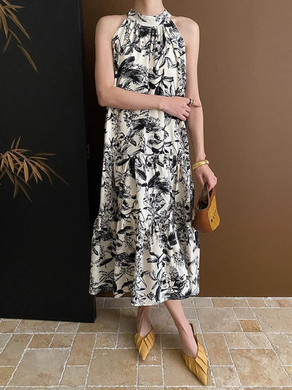 French Ink Print Sling dress Summer 2024 New Elegant Cool Beach Seaside Holiday Midi Dress