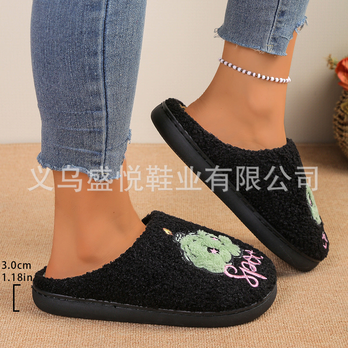 Cross-Border Halloween Embroidered Pattern Green Skull Home Comfortable Warm Cotton Slippers for Winter Couples