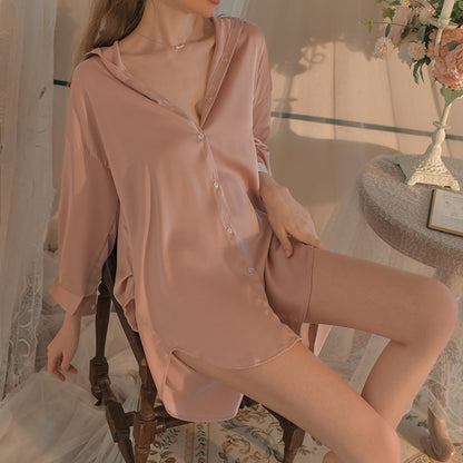 Sexy Pajamas Women 2024 Summer Shirt Dress Boyfriend Wind Long Charming Nightgown Lace Shorts suit Women