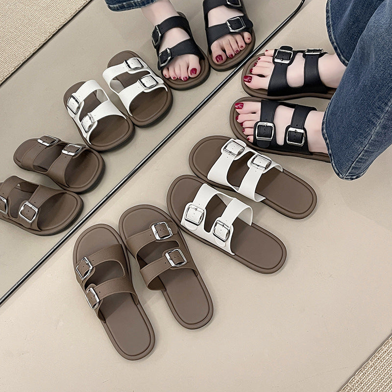Cross-Border Slippers for Women Summer Flat-Soled Double-Strap Double-Buckle Slippers Southeast Asia New Foreign Trade Fashion Outer Wear Beach Sandals
