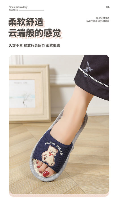 Bear Style Indoor Linen Slippers for Women Summer Home Non-Slip Women's Spring & Fall Seasons Fabric Floor Mops