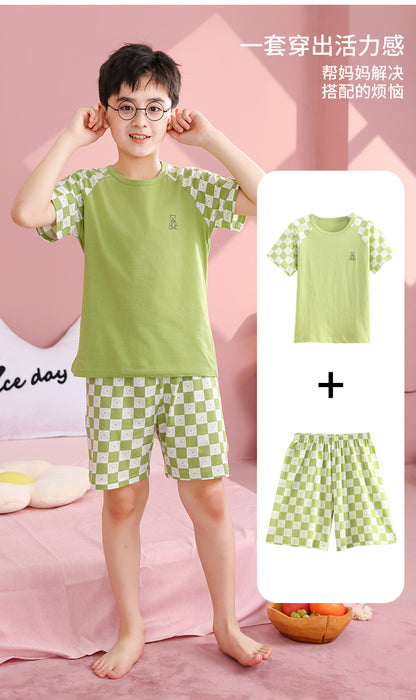Children's Pajamas, Pure Cotton, Summer Short-Sleeved Shorts Set for Boys, Home Clothes for Girls, Air-Conditioned Clothes for Middle-Aged and Older Boys