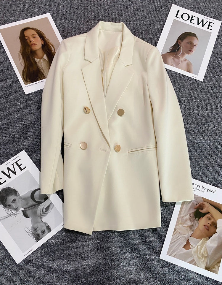 Green Metal Buckle Korean Style 2024 Spring and Autumn New Milk White Suit Jacket Women's Casual All-match High-end Suit