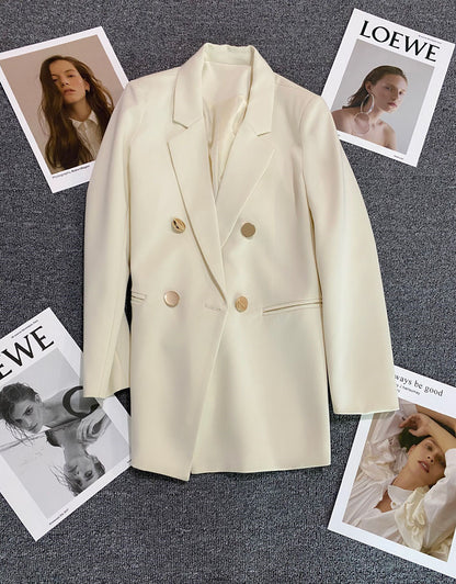 Green Metal Buckle Korean Style 2024 Spring and Autumn New Milk White Suit Jacket Women's Casual All-match High-end Suit