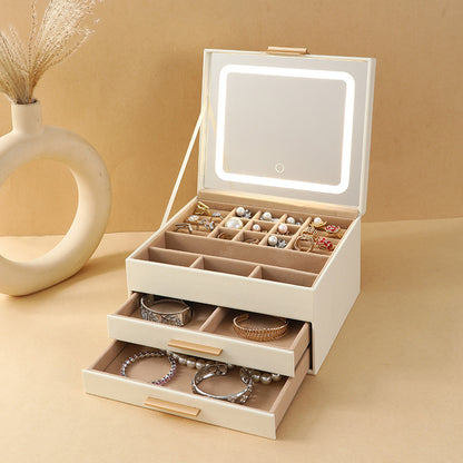 Cross-border PU three-layer cosmetic mirror with LED light high-end jewelry box earring ring necklace bracelet princess jewelry box